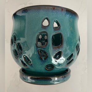 Teal Glazed Ceramic Planter| Pierced Cutout Pot